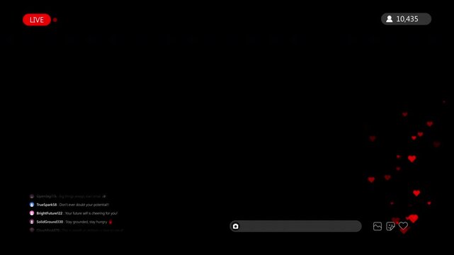Live streaming overlay with floating hearts, viewer count and motivational comments UI, social media interaction concept. All comments are fictional and for demonstration