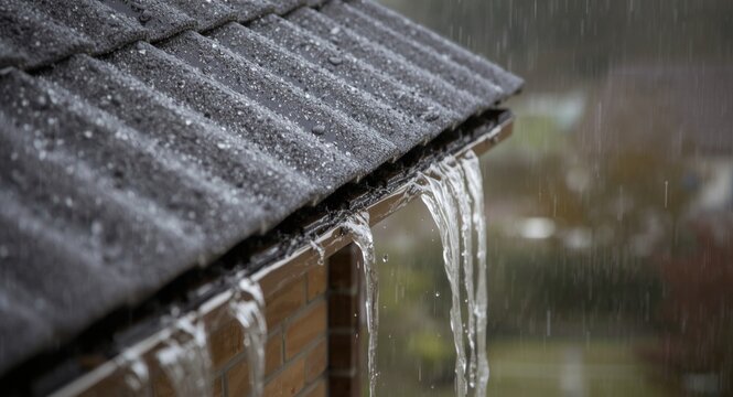 Water flowing over the edge of a residential rooftop on a rainy day