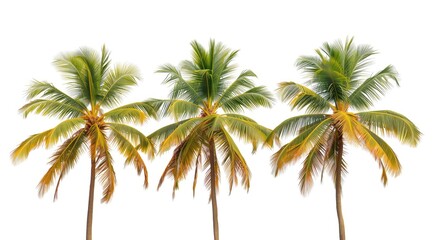 Obraz premium Three vibrant coconut palm trees displaying tropical serenity on a pure white background