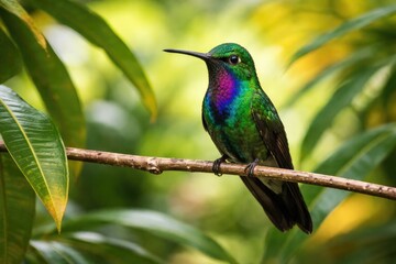 Fototapeta premium Mango hummingbird perched calmly on a slender branch in tropical foliage