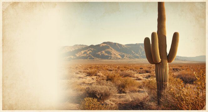textured vintage cactus scene showcasing arid desert land and distant mountain range