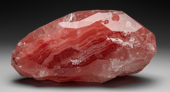 Polished red quartz rock displaying detailed striped mineral layers