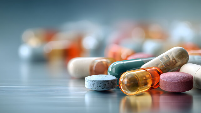 Assorted capsules and tablets in different colors on reflective surface macro