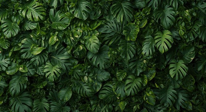Vertical greenery wall with textured tropical leaves and natural layering
