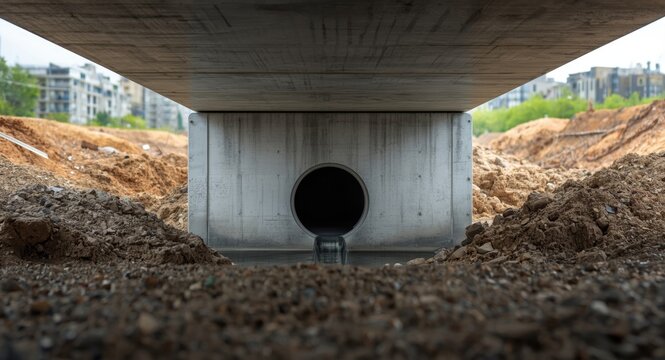 Horizontal oriented concrete headwall supporting drainage pipe under stormwater culvert