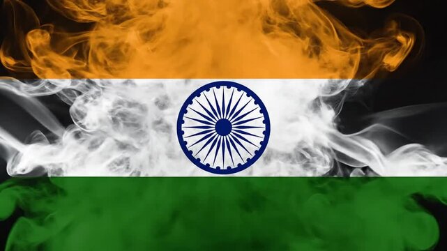 Indian flag smoke animation with orange, white and green colors on black background