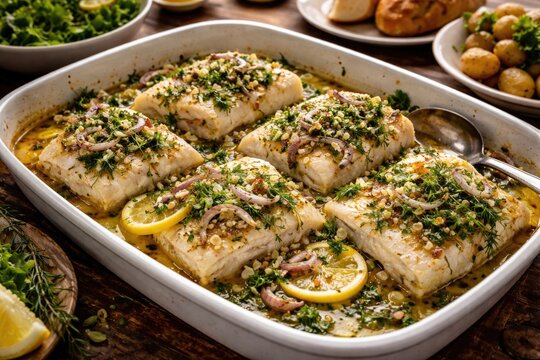 Baked Northern Cod with Fresh Herbs and Shallots in Serving Dish