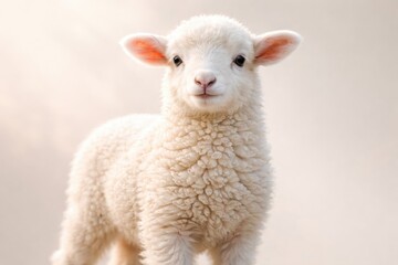 Obraz premium Confident young white lamb with fluffy fleece on plain background symbolizing Eid ul Adha