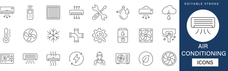 Air Conditioning line icon set featuring AC unit, remote, fan, temperature, snowflake, filter, maintenance, ventilation, installation, and thermometer. editable stroke © CREATIVE DESIGNER 