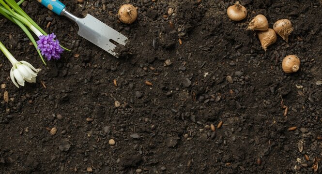 Spring gardening tools with hyacinth and crocus bulbs on rich soil background top view with copy space