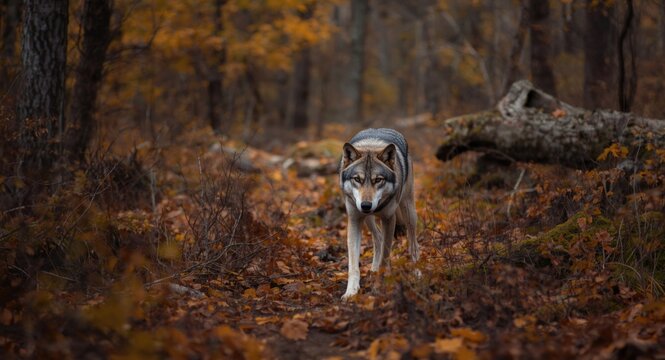 Wildlife wolf exploring a peaceful fall woodland flourishing with rewilding efforts