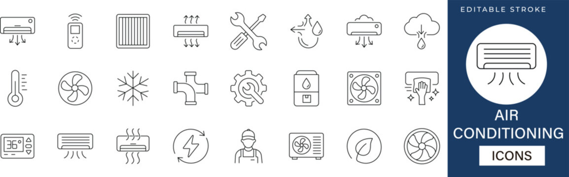 Air Conditioning line icon set featuring AC unit, remote, fan, temperature, snowflake, filter, maintenance, ventilation, installation, and thermometer. editable stroke