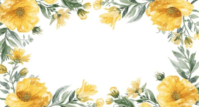 Springtime watercolor floral frame with hand drawn yellow globeflower and cowslip accents