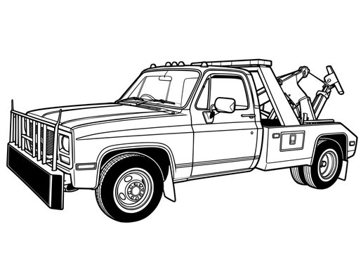 Vintage tow truck line art illustration, classic roadside recovery vehicle with crane and bull bar