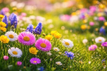 Fototapeta premium Close up view of blooming flowers on a fresh spring lawn with a vibrant floral background