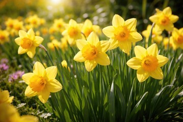 Obraz premium Bright yellow daffodils blooming vibrantly in a sunny garden setting