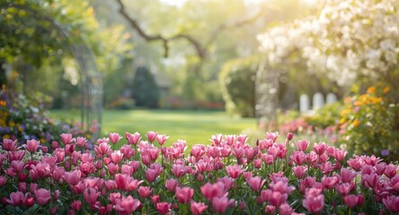 Obraz premium Vibrant garden featuring freshly blooming pink flowers