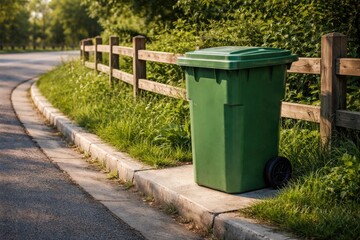 Fototapeta premium Green waste bin standing on sidewalk beside wooden road and fence with surrounding grass and plants