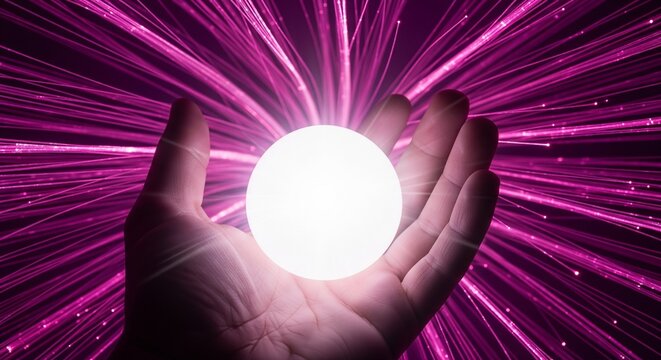 A glowing orb floats above an outstretched hand surrounded by pink rays.