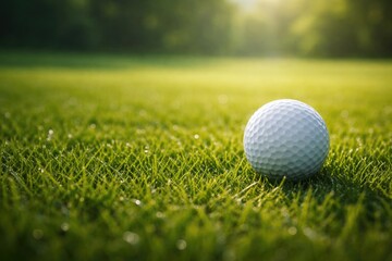 Obraz premium Close up view of a golf ball on vibrant green grass with ample copy space for sports marketing