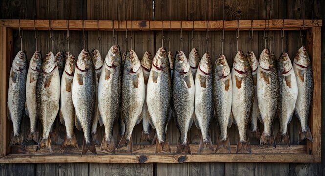 Wooden racks displaying dried cod fish as a method of traditional preservation by the shore