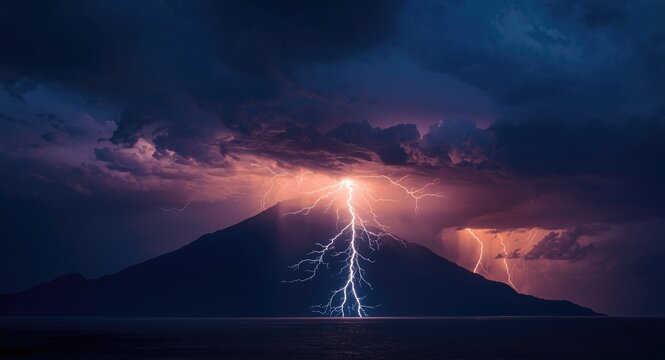 Vivid lightning and thunder roar over dark mountain and sea under storm clouds