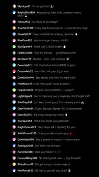 Vertical video Live chat overlay with motivational comments and social interaction UI, positive messages for streaming or content creator interface. All comments are fictional and for demonstration