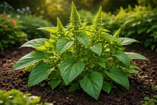 Amaranthus Viridis Plant Flourishing in Lush Garden Soil During Sunset