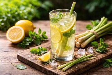 Fototapeta premium Lemongrass Lemon Drink with Fresh Herbs on Wooden Surface