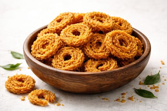 Murukku Snack Piled in Rustic Wooden Bowl on White Background