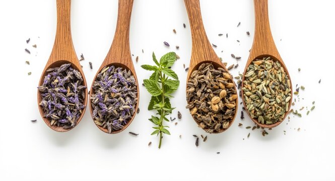 Wooden spoons with dried lavender, mint sprigs, and thyme herbs on white background for healthy herbal tea