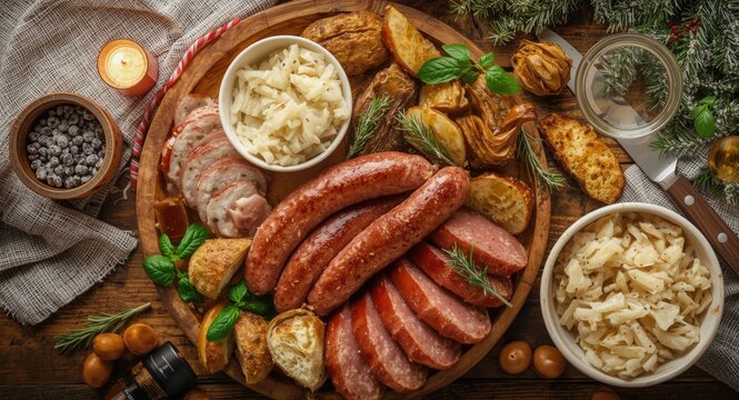 Traditional German festival feast featuring weisswurst and sauerkraut on a wooden platter with copy space