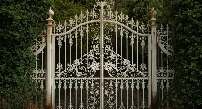 White garden gate with elaborate ironwork designs and flourishing green foliage around