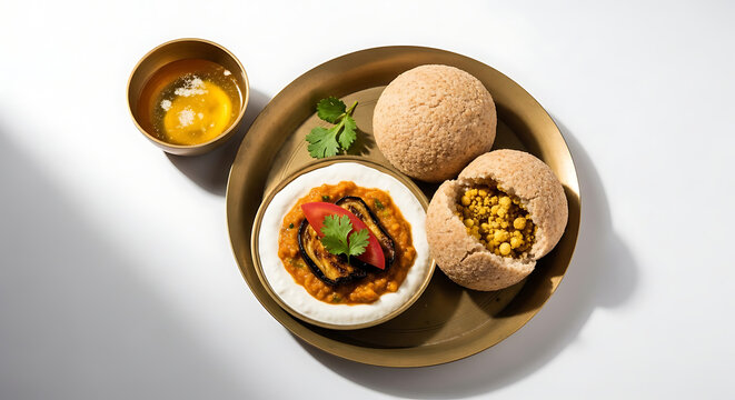 Authentic Bihari Litti Chokha Platter Featuring Roasted Sattu Stuffed Wheat Balls and Flavorful Baigan Bharta Mash