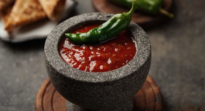 Stone mortar filled with hot spicy rujak sauce and fresh chili on top