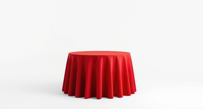 Round table with vivid red cloth creating contrast on a spotless white backdrop