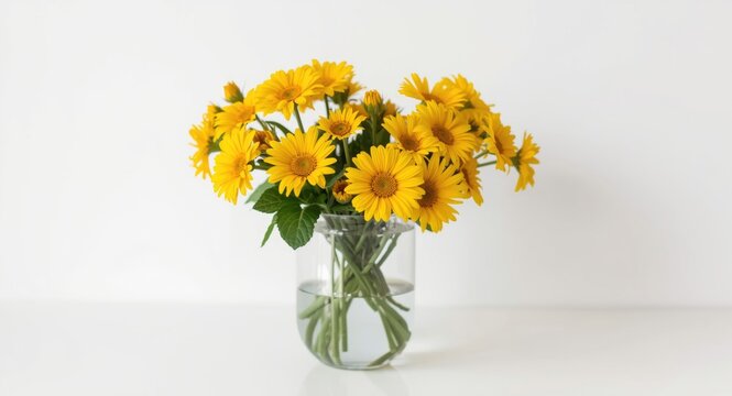 Vase holding yellow bidens goldilocks flowers set on a table with a clean white backdrop