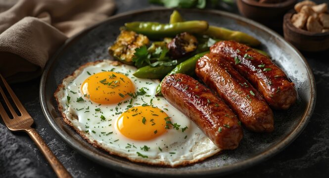 Hearty breakfast of Turkish sausage links, eggs, and charred green peppers