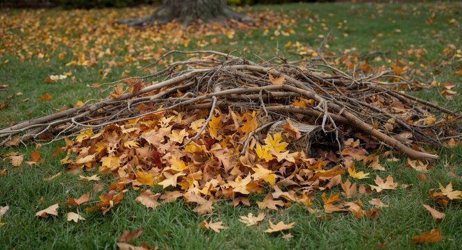Suburban yard scene showing gathered fall foliage and snapped branches prepared for discard