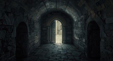 Obraz premium Medieval castle interior featuring a glowing ancient portal in a hidden passage for legendary story settings
