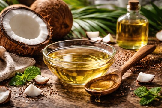 Health benefits of coconut MCT oil displayed with glass bowl and wooden spoon
