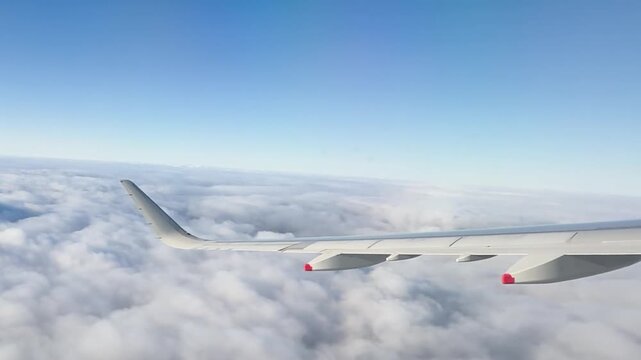 Commercial Airplane Wing Flying Over Thick White Cloud Layer