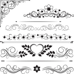 Fototapeta premium Set of calligraphic floral elements with hearts for wedding invitation design. Vector decorative ornament with flower silhouette. Dividers and frame elements