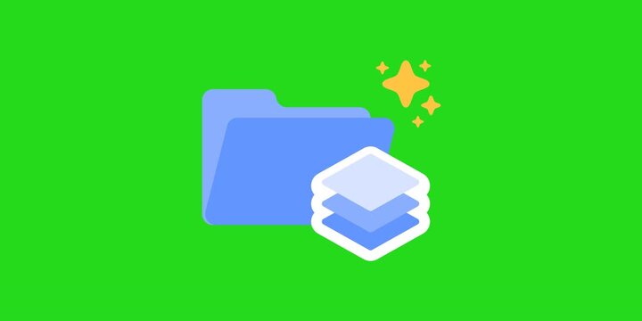 Animated folder icon featuring stacked internal layers and a pulsating sparkle element. Clean 2D flat vector motion representing organized data storage, file management.