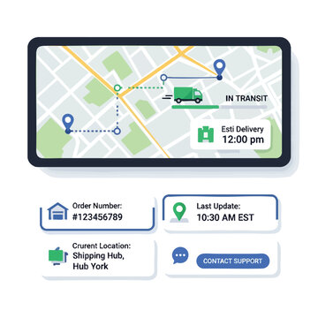 Delivery tracking interface showing map, truck, order, location, and support