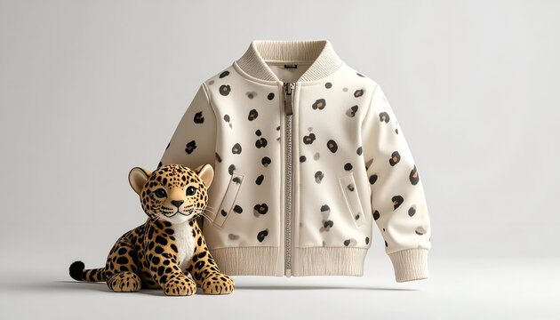 Cuddly leopard toy and spotted jacket.