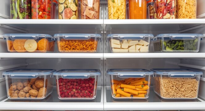 Transparent containers with a range of leftover foods orderly positioned on refrigerator shelves for convenient storage