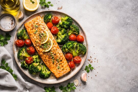 Oven Baked Salmon Fillet with Broccoli and Tomatoes Flat Lay &ETH;&frac12;&ETH;&deg; &ETH;&frac12;&ETH;&micro;&ETH;&sup1;&Ntilde;&sbquo;&Ntilde;&euro;&ETH;&deg;&ETH;&raquo;&Ntilde;&OElig;&ETH;&frac12;&ETH;&frac34;&ETH;&frac14; &Ntilde;&bdquo;&ETH;&frac34;&ETH;&frac12;&ETH;&micro;