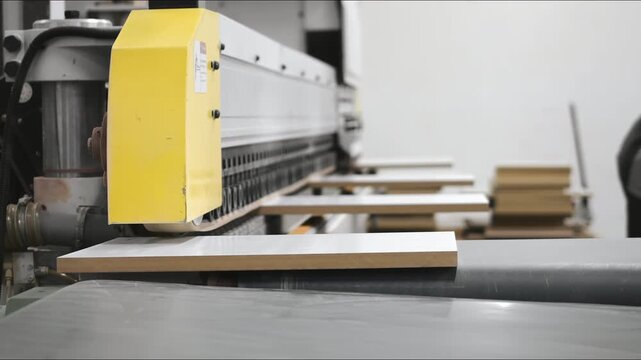 Automated woodworking machine processing laminated panels in factory environment with worker in background manufacturing workflow.