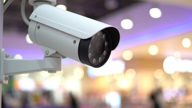 Security Camera Close-up with Red Lights, Blurred Background.